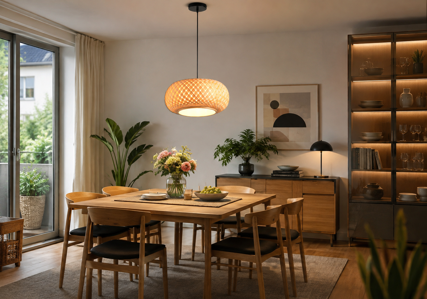 Moderne Hängeleuchte mit geflochtenem Schirm über einem hölzernen Esstisch im Wohnzimmer