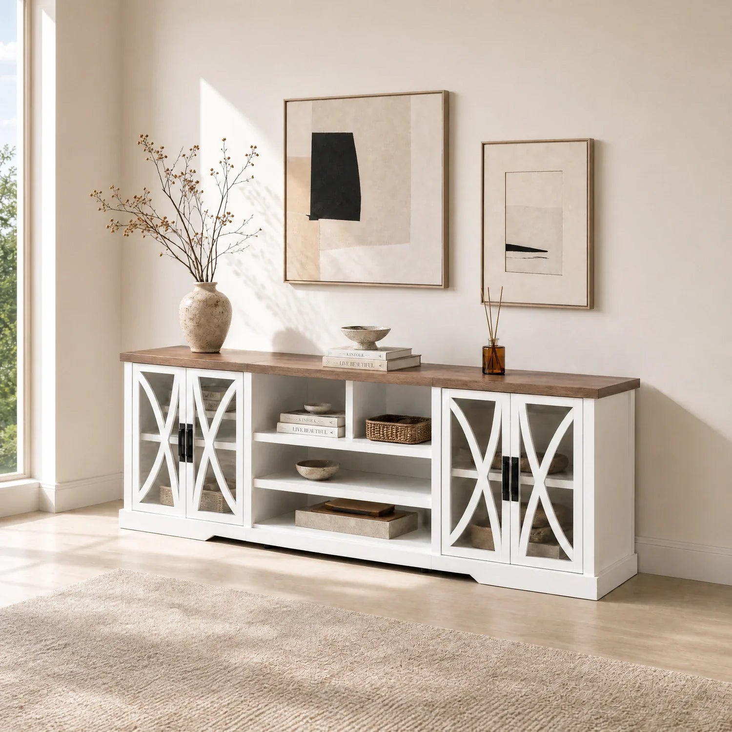 93"/236cm White TV Stand With Storage Cabinets & 36"/91cm Electric Fireplace