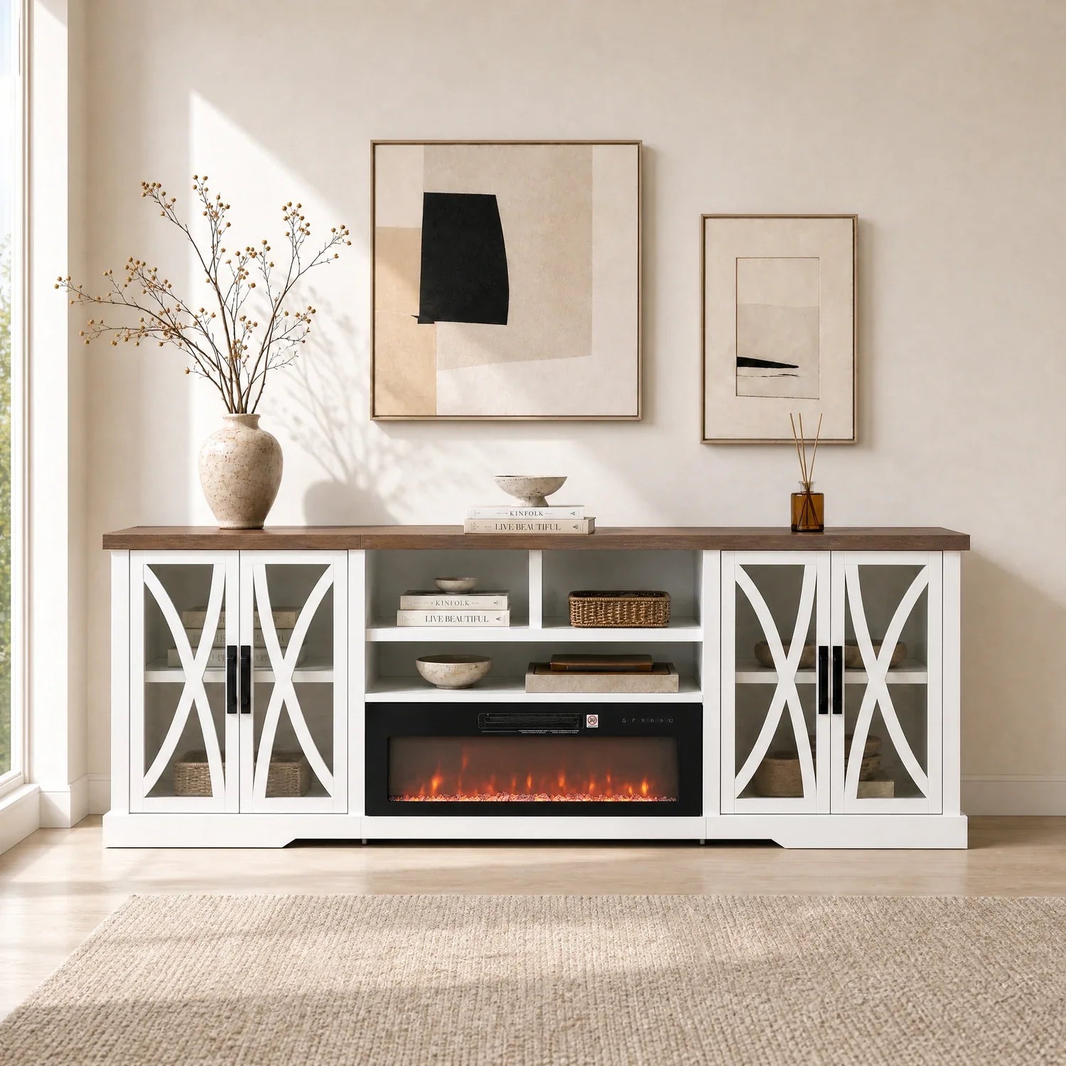 93"/236cm White TV Stand With Storage Cabinets & 36"/91cm Electric Fireplace