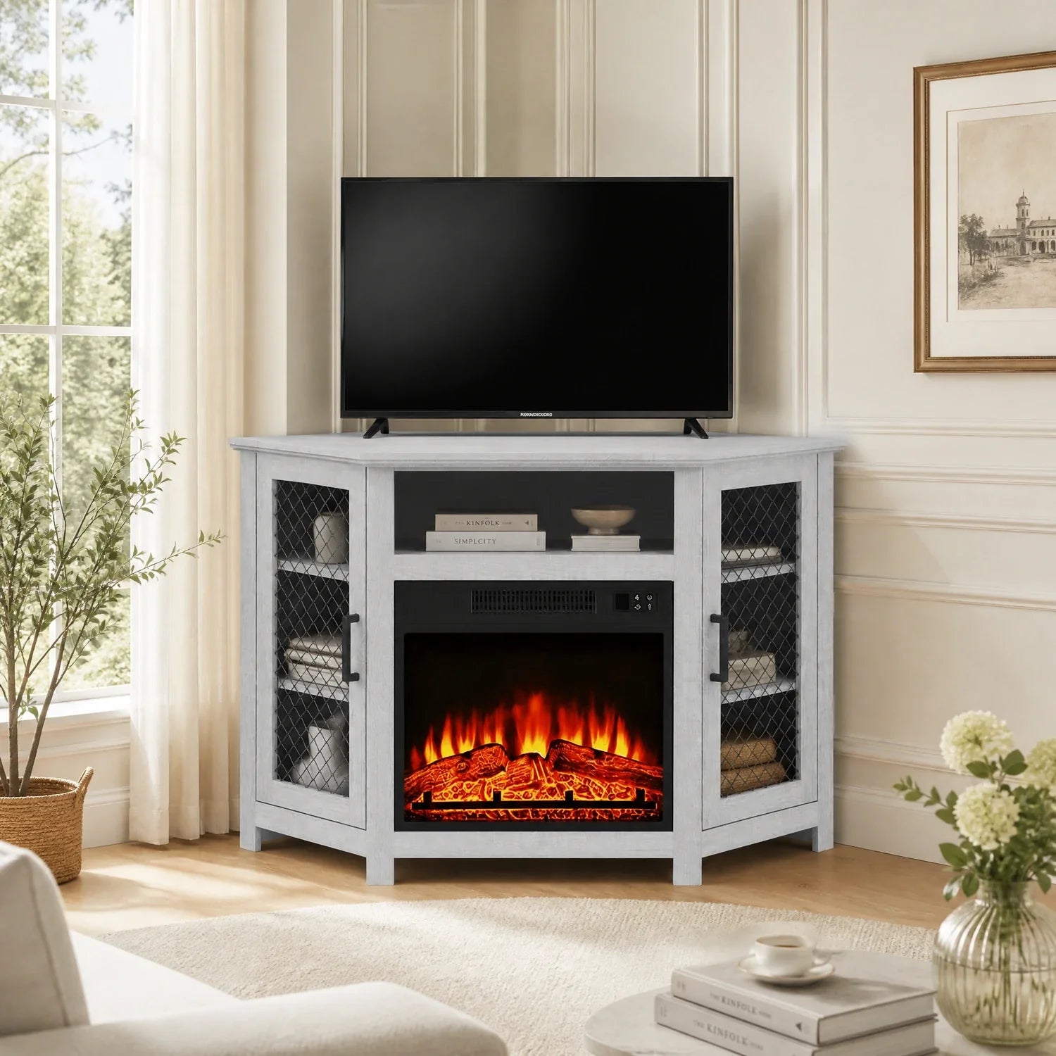 114cm/45" Corner TV Stand with Electric Fire Console Table with 2 Metal Mesh Doors