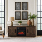 147cm/58" Brown TV Stand with Electric Fire, TV Stand with Barn Door, Storage Cabinet with Adjustable Shelves, Fits Up to 65" TVs