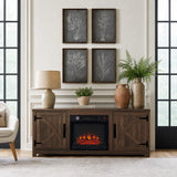 147cm/58" Brown TV Stand with Electric Fire, TV Stand with Barn Door, Storage Cabinet with Adjustable Shelves, Fits Up to 65" TVs