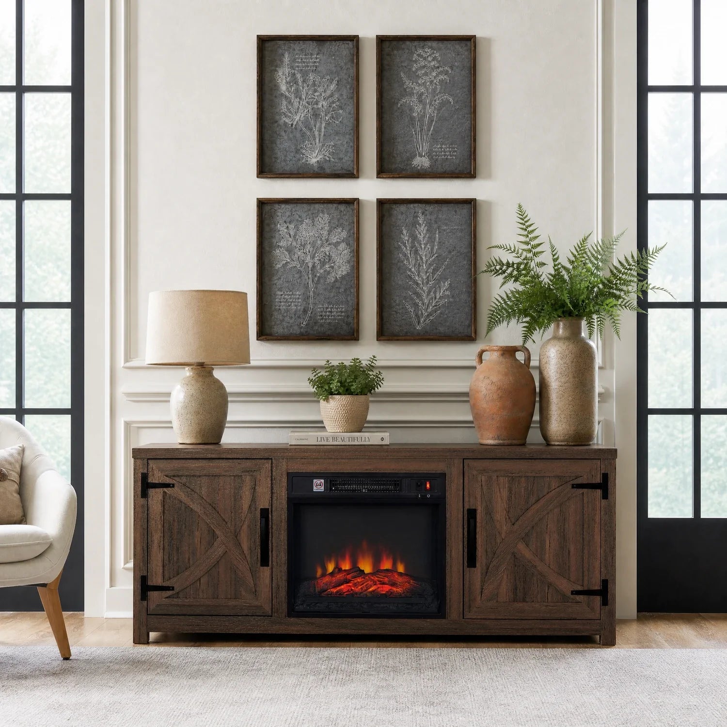 147cm/58" Brown TV Stand with Electric Fire, TV Stand with Barn Door, Storage Cabinet with Adjustable Shelves, Fits Up to 65" TVs