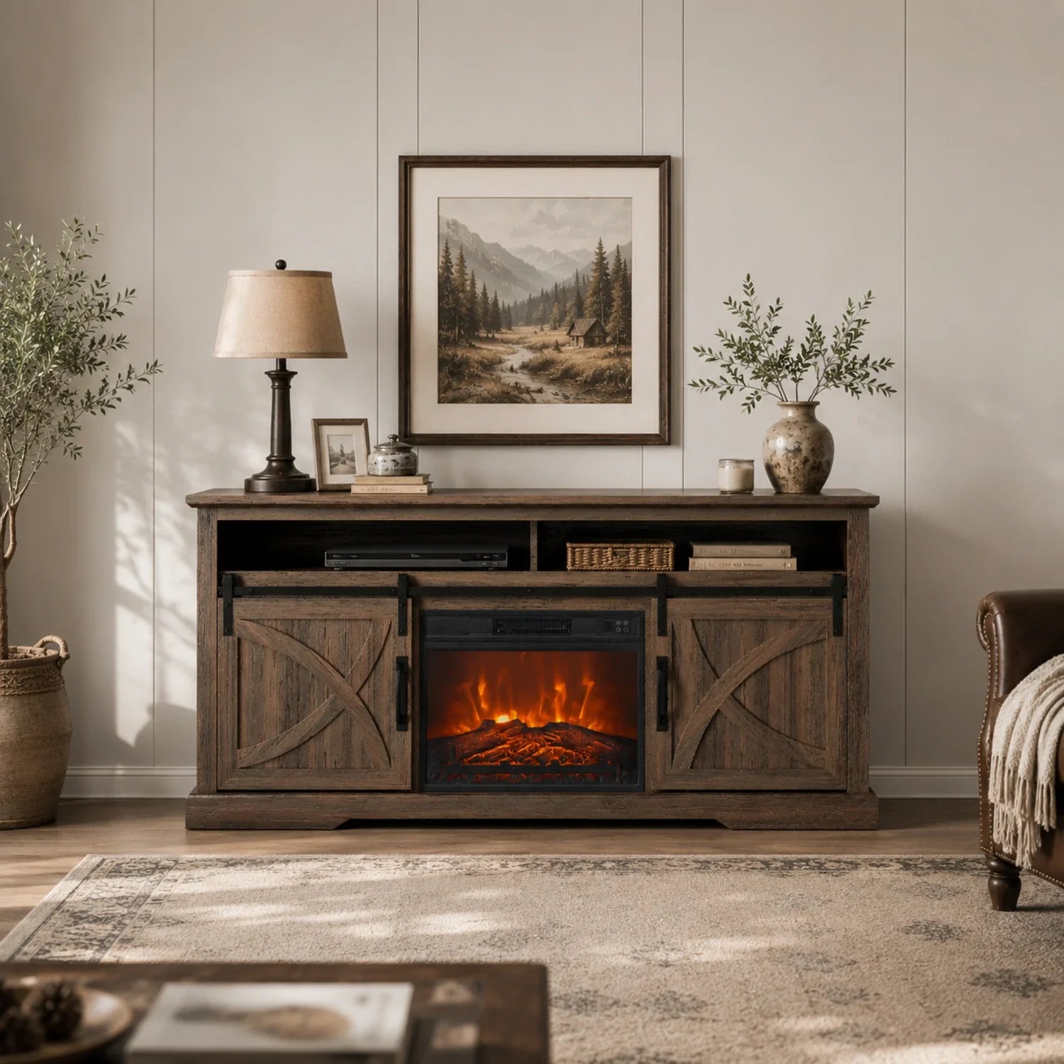 173cm/68" Farmhouse Brown TV Stand with 23" Electric Fireplace Inset
