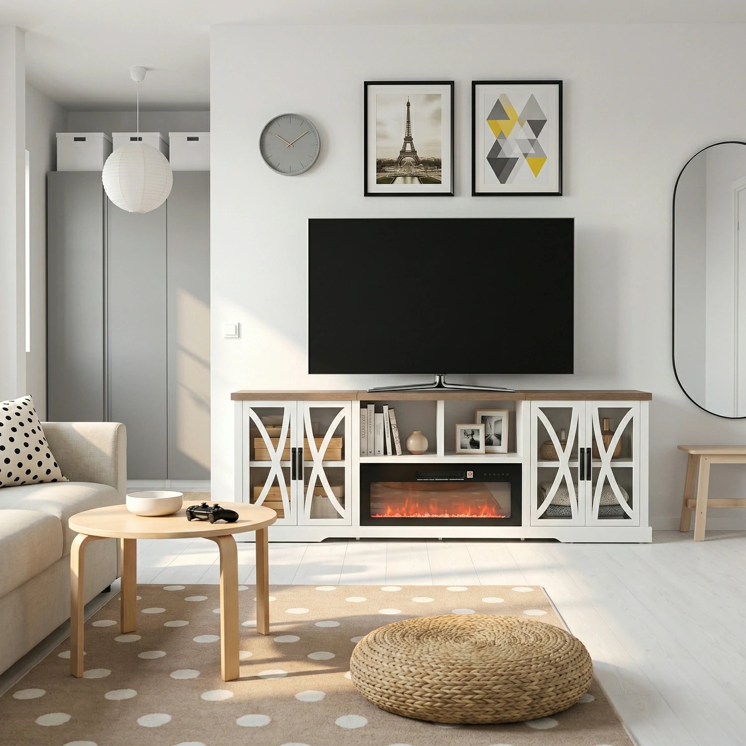 Ashford 93"/236cm White TV Stand With Storage Cabinets & 36"/91cm Electric Fireplace