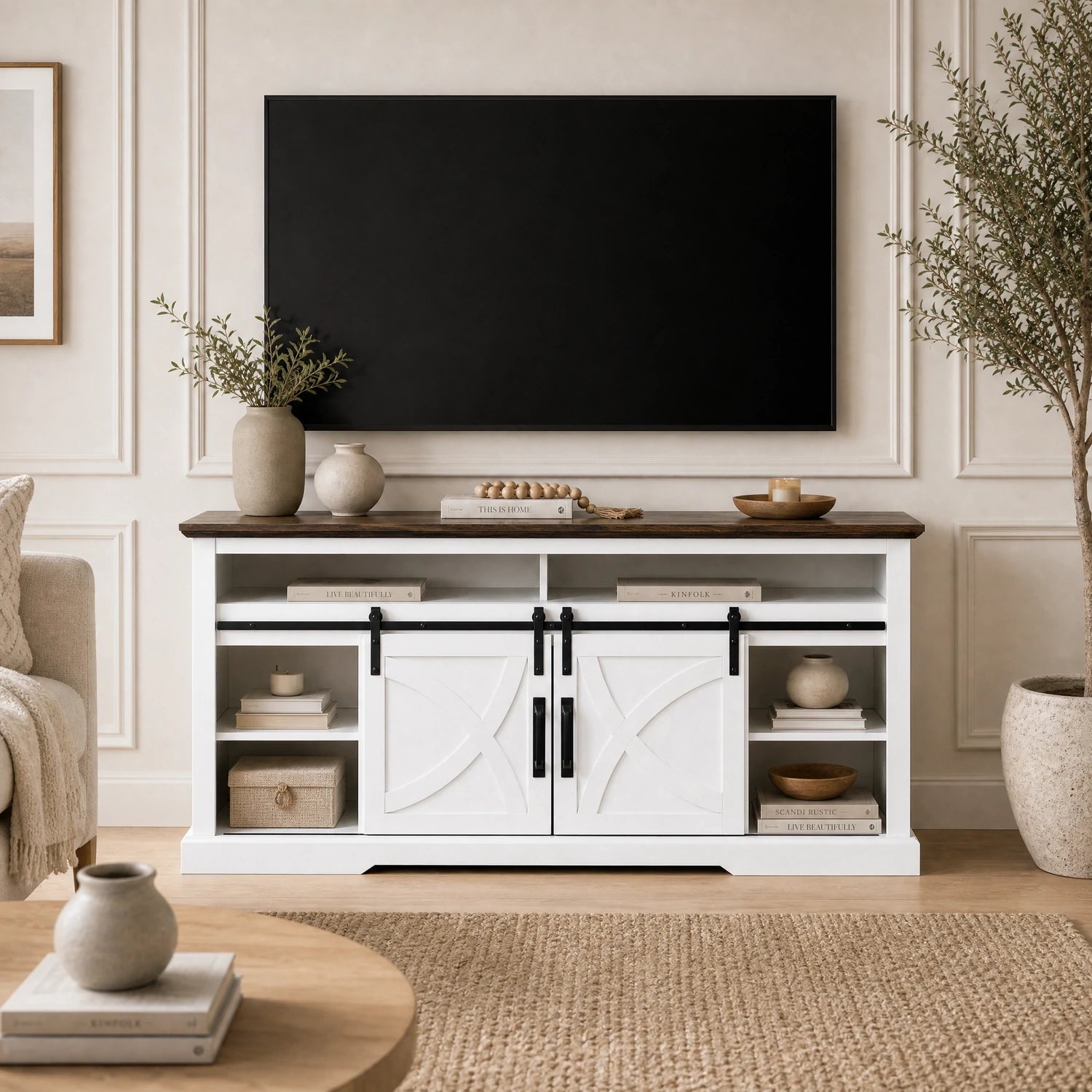 Brimley 173cm/68" Farmhouse White TV Stand with 23" Electric Fireplace Inset
