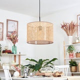 Boho Rattan Geflochtene Zylinder-Pendelleuchte für Esszimmer und Wohnbereich 