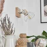 Skandinavische Wandlampe aus Holz & weißem Metallkäfig mit verstellbarem Kopf für Wohnzimmer und Schlafzimmer 