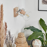 Skandinavische Wandlampe aus Holz & weißem Metallkäfig mit verstellbarem Kopf für Wohnzimmer und Schlafzimmer 