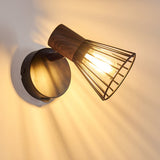 Industrieller Retro Wandleuchter aus Holz und Schwarz mit Käfigschirm für Wohnzimmer und Schlafzimmer 
