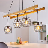 Scandinavian Rustic Wood & Geometric Wire Cage Ceiling Light for Kitchen Dining Room