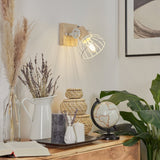 Skandinavische Wandlampe aus Holz & weißem Metallkäfig mit verstellbarem Kopf für Wohnzimmer und Schlafzimmer 