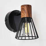 Industrieller Retro Wandleuchter aus Holz und Schwarz mit Käfigschirm für Wohnzimmer und Schlafzimmer 