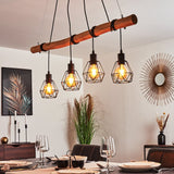 Industrial Geometric Wire and Rustic Wood Ceiling Light for Dining Room Living Room