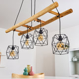 Scandinavian Rustic Wood & Geometric Wire Cage Ceiling Light for Kitchen Dining Room