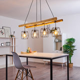 Scandinavian Rustic Wood & Geometric Wire Cage Ceiling Light for Kitchen Dining Room