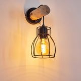 Industrielle Rustikale GONDO Wandleuchte mit hellem Holz und Metallkäfig für Wohnzimmer und Schlafzimmer 