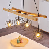 Scandinavian Rustic Wood & Geometric Wire Cage Ceiling Light for Kitchen Dining Room