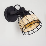 Boho Rattan & schwarze Metallkäfig-Wandleuchte mit verstellbarem Kopf – Maße enthalten für Wohnzimmer und Schlafzimmer 