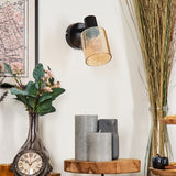 Industrieller Stil Aggebo schwarze Wandleuchte mit geripptem bernsteinfarbenem Glas für Wohnzimmer und Schlafzimmer 