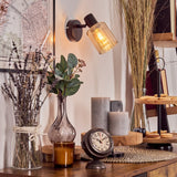 Industrieller Stil Aggebo schwarze Wandleuchte mit geripptem bernsteinfarbenem Glas für Wohnzimmer und Schlafzimmer 