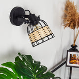 Boho Rattan & schwarze Metallkäfig-Wandleuchte mit verstellbarem Kopf – Maße enthalten für Wohnzimmer und Schlafzimmer 