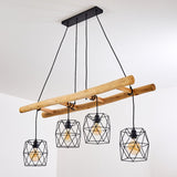 Scandinavian Rustic Wood & Geometric Wire Cage Ceiling Light for Kitchen Dining Room