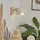 Skandinavische Wandlampe aus Holz & weißem Metallkäfig mit verstellbarem Kopf für Wohnzimmer und Schlafzimmer 