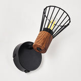 Industrieller Retro Wandleuchter aus Holz und Schwarz mit Käfigschirm für Wohnzimmer und Schlafzimmer 