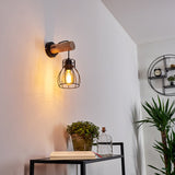 Industrielle Rustikale GONDO Wandleuchte mit hellem Holz und Metallkäfig für Wohnzimmer und Schlafzimmer 