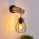 Industrielle Rustikale GONDO Wandleuchte mit hellem Holz und Metallkäfig für Wohnzimmer und Schlafzimmer 