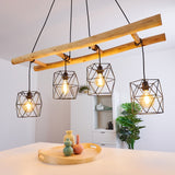 Scandinavian Rustic Wood & Geometric Wire Cage Ceiling Light for Kitchen Dining Room