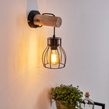 Industrielle Rustikale GONDO Wandleuchte mit hellem Holz und Metallkäfig für Wohnzimmer und Schlafzimmer 