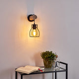 Industrielle Rustikale GONDO Wandleuchte mit hellem Holz und Metallkäfig für Wohnzimmer und Schlafzimmer 
