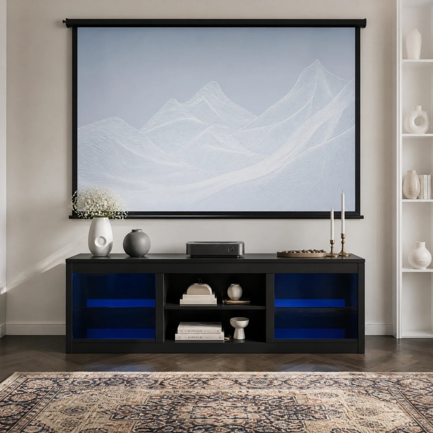 168cm/66" Black LED TV Stand with Electric Fire Fits Up to 75" TVs with LED Shelf Lighting