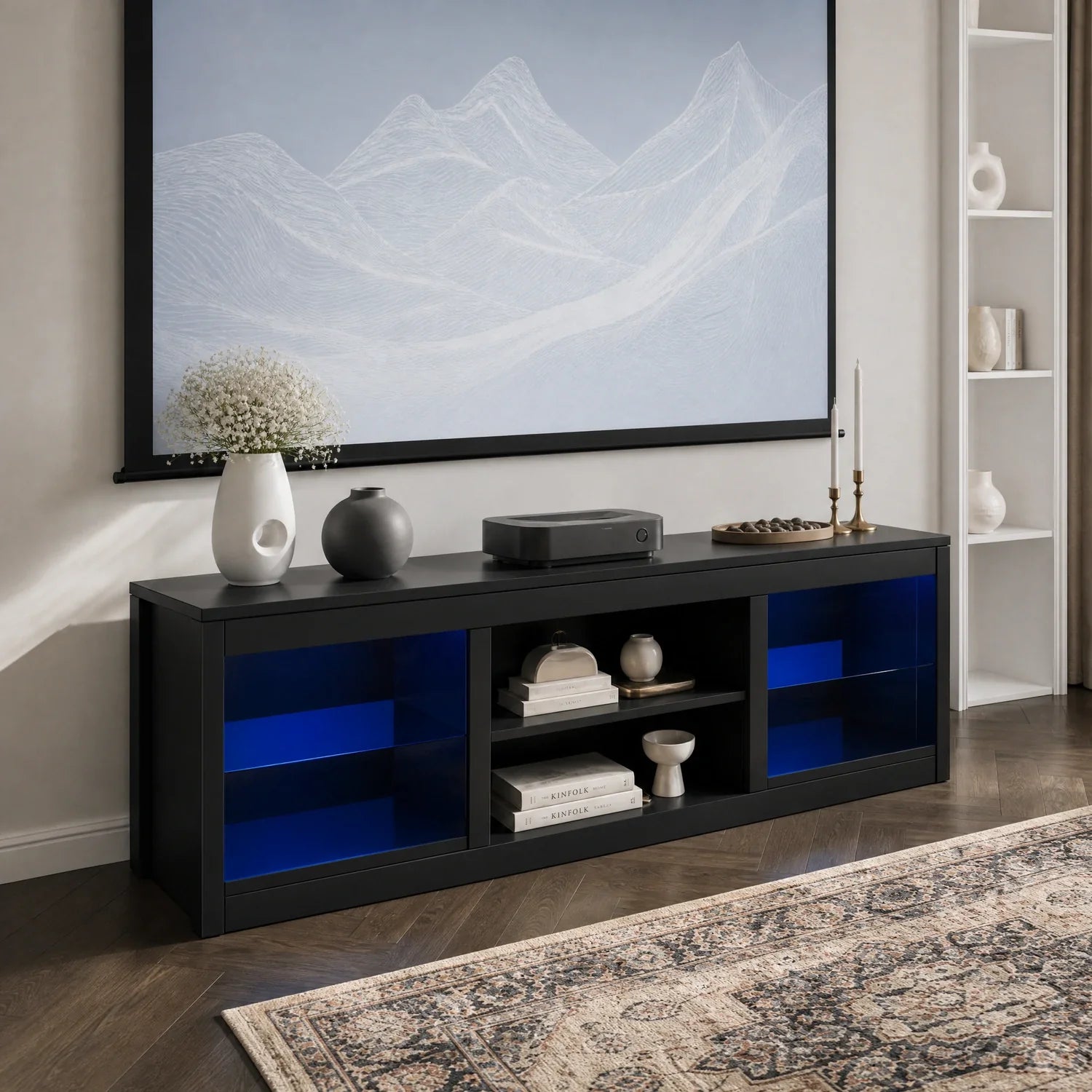 168cm/66" Black LED TV Stand with Electric Fire Fits Up to 75" TVs with LED Shelf Lighting