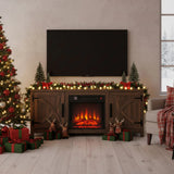 147 cm braunes TV-Regal mit Elektrokamin, TV-Schrank mit Scheunentor, Aufbewahrungsschrank mit verstellbaren Regalen, passend für Fernseher bis zu 65" 