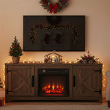 147 cm braunes TV-Regal mit Elektrokamin, TV-Schrank mit Scheunentor, Aufbewahrungsschrank mit verstellbaren Regalen, passend für Fernseher bis zu 65" 