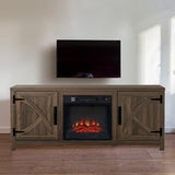 147cm Brown TV Stand with Electric Fire, TV Stand with Barn Door, Storage Cabinet with Adjustable Shelves, Fits Up to 65" TVs