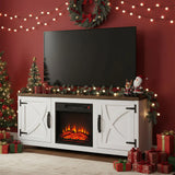 147 cm eingelassener elektrischer Kamin-TV-Ständer mit geschlossenem Stauraum, Aufbewahrungsschrank mit verstellbaren Regalen, geeignet für Fernseher bis zu 65 Zoll 