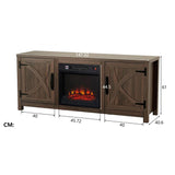 147cm Brown TV Stand with Electric Fire, TV Stand with Barn Door, Storage Cabinet with Adjustable Shelves, Fits Up to 65" TVs