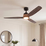 Moderner Deckenventilator aus dunklem Holz mit integrierter Beleuchtung