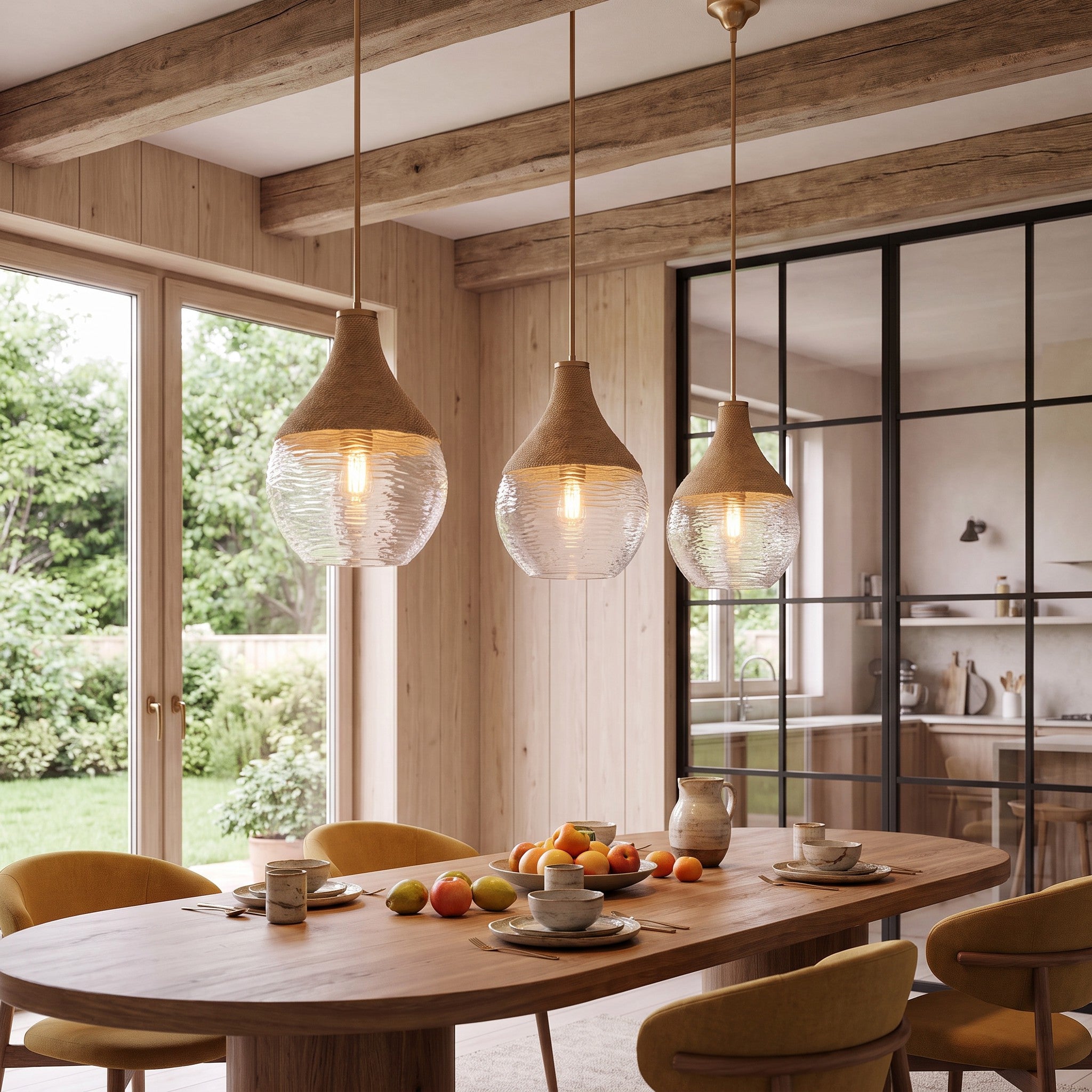 Drei moderne Pendelleuchten aus Glas und Holz über einem Esstisch in einem hellen Raum