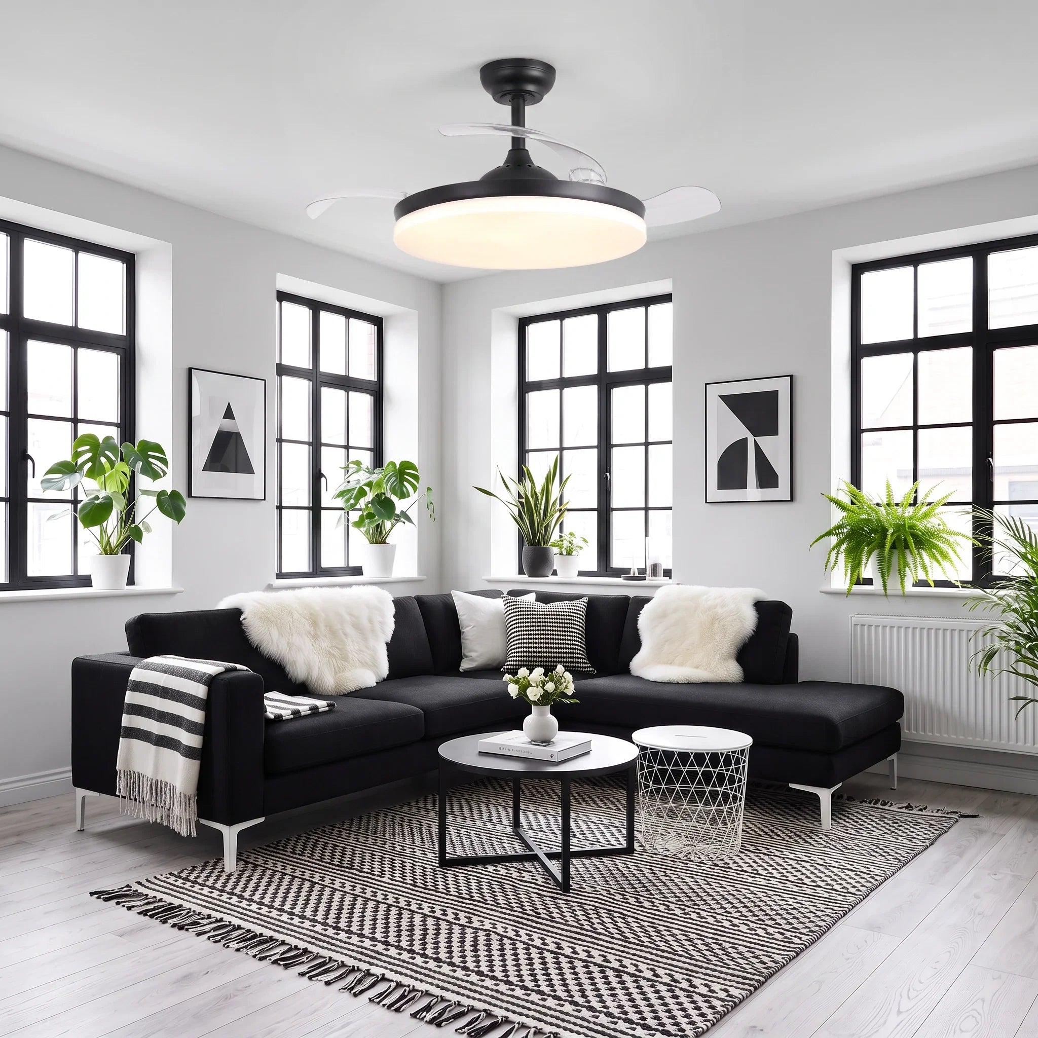 Cielo Ultra-Quiet DC Motor Black Ceiling Fan Ø106 cm with 3 Retractable Blades and LED Light