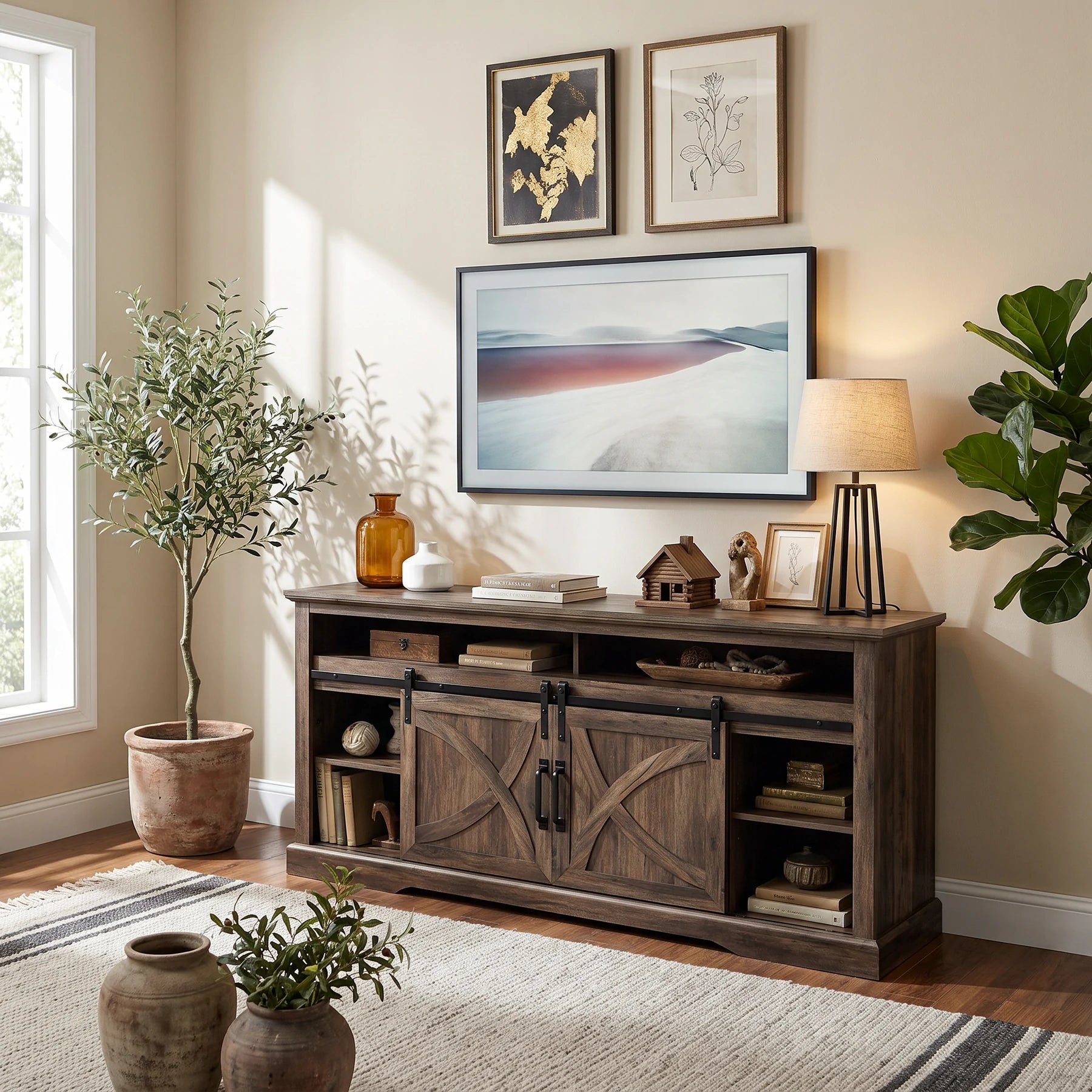Brimley 173cm/68" Farmhouse Brown TV Stand with 23" Electric Fireplace Inset