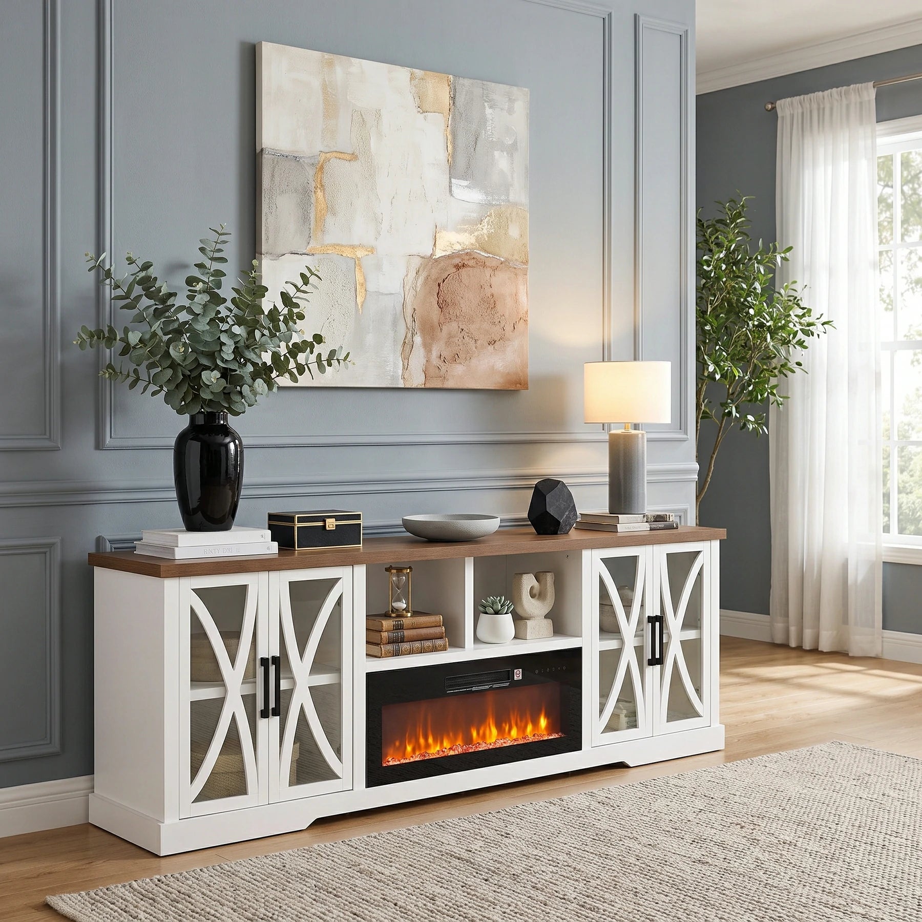Ashford 93"/236cm White TV Stand With Storage Cabinets & 36"/91cm Electric Fireplace