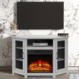 114cm Corner TV Stand with Electric Fire Console Table with 2 Metal Mesh Doors