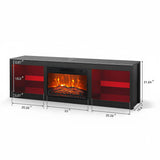 168 cm schwarzer LED-TV-Ständer mit Elektrokamin, passend für Fernseher bis zu 75" mit LED-Regalbeleuchtung 
