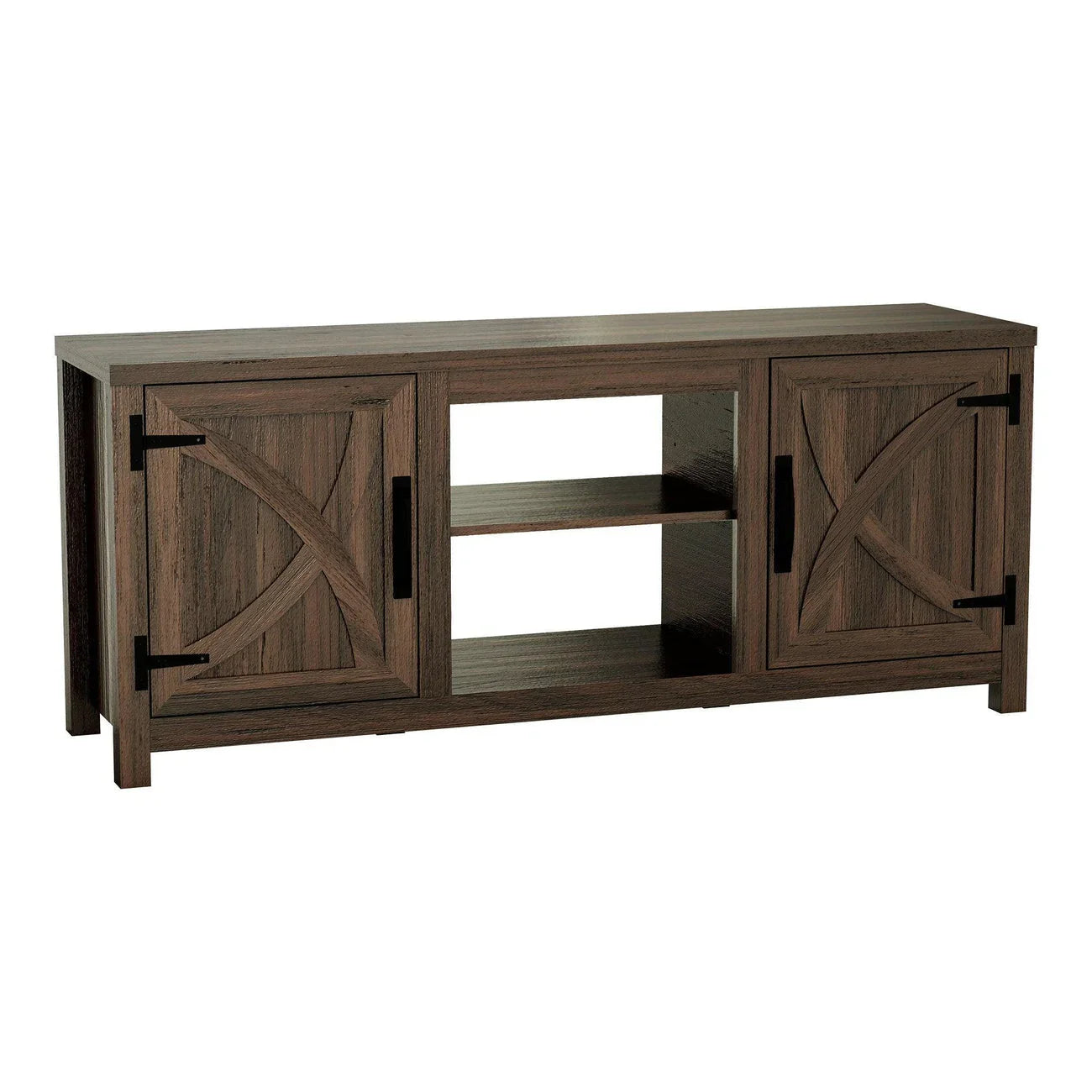 147cm/58" Brown TV Stand with Electric Fire, TV Stand with Barn Door, Storage Cabinet with Adjustable Shelves, Fits Up to 65" TVs