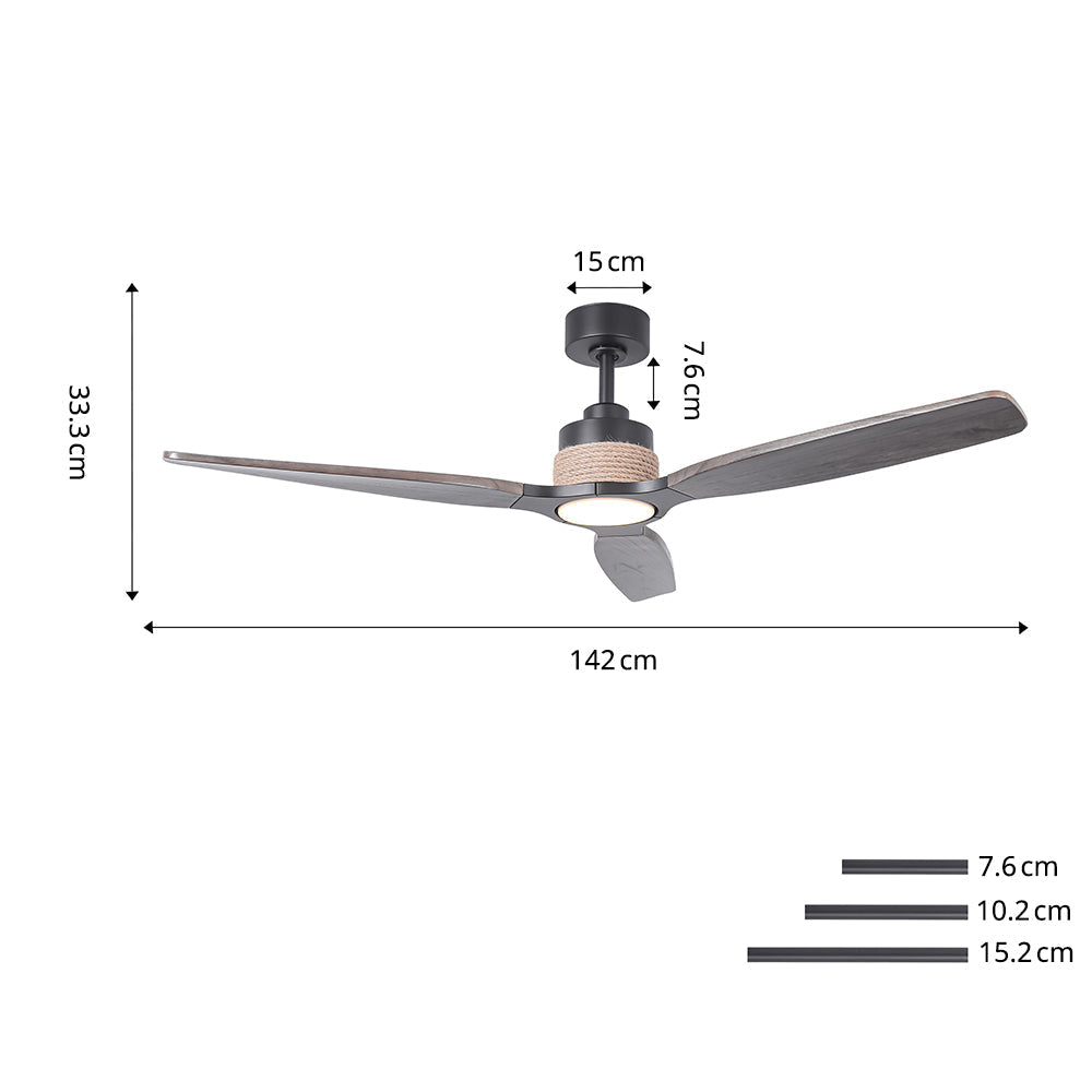 Louise Matte Black Ceiling Fan Ø142 cm with LED Light and 100% Solid Wood Blades